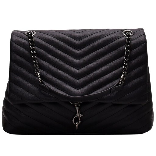 Dámska čierna prešívaná kabelka cez rameno s klopou Tmavý kovový retiazkový popruh Ozdobná karabína Umelá koža PU 26 x 20 x 10 cm