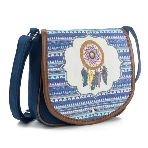 Dámská crossbody kabelka se zaoblenou klopou Motiv lapače snů Barevný geometrický vzor Látkový popruh Bavlna a polyester 18 x 19 x 7 cm