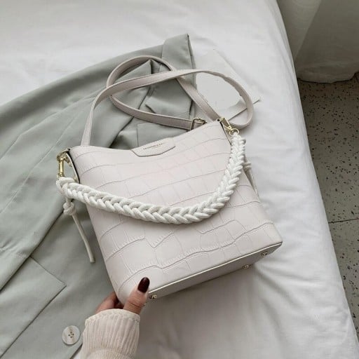 Dámska crossbody kabelka vo forme vedra s krokodílim vzorom Pletené ucho s ozdobnými uzlami Dlhý popruh cez rameno PU koža a polyester