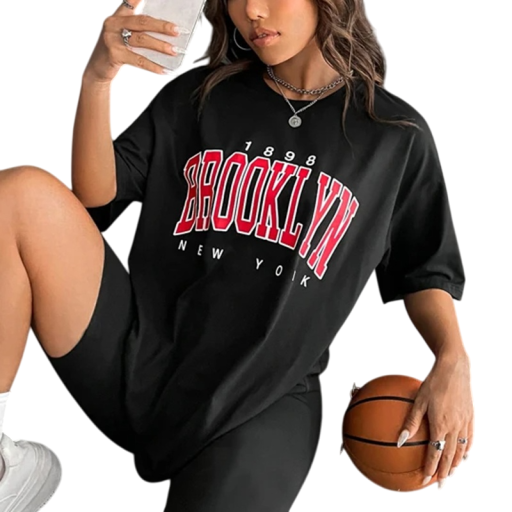 Damska czarna koszulka z nadrukiem Brooklyn New York Luźna koszulka sportowa z krótkim rękawem Modny strój uliczny na co dzień
