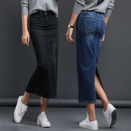 Dámska dlhá džínsová sukňa s rázporkom