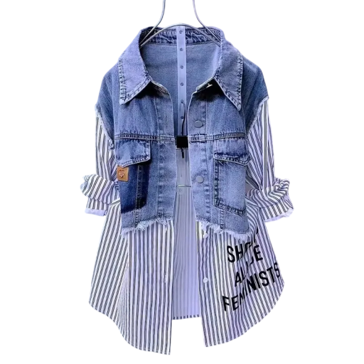 Damska dwuwarstwowa kurtka dżinsowa z koszulą w paski Kurtka modowa z kieszeniami Stylowa koszula dżinsowa Casual Street Fashion