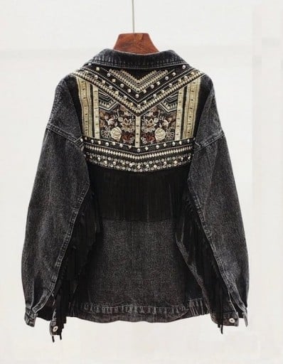 Dámska džínová bunda s strapcami na chrbte Ornamentálna výšivka a ozdobné cvočky Voľný strih Polyester s bavlnou a viskózou