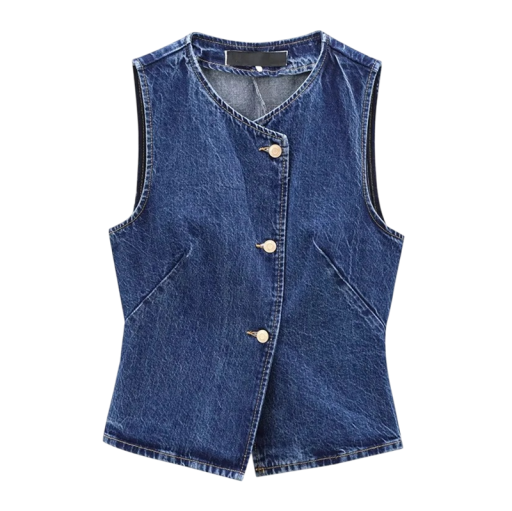 Dámská džínová vesta bez rukávů s knoflíky bavlna polyester modrá pro každodenní nošení a vrstvení do města