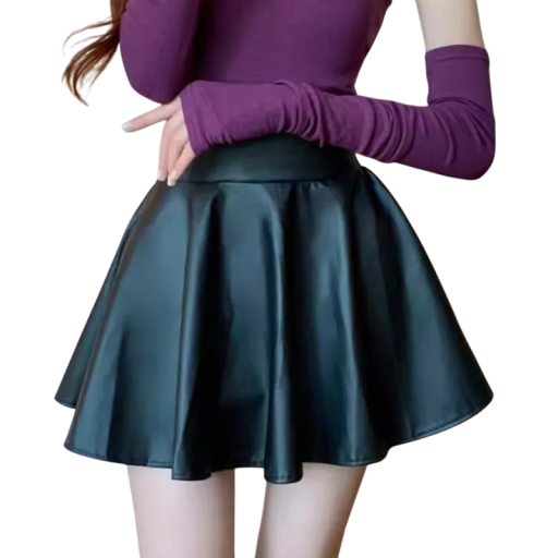 Dámska elastická mini sukňa z umelej kože Vysoký pás Strih do A Elegantná čierna sukňa Sexy outfit na párty Štýlová móda jeseň zima