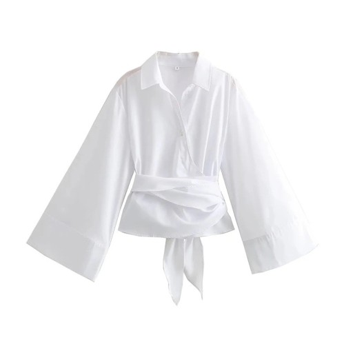 Dámska elegantná košela s límcom a dlhým rukávom Štýlové kimono s mašľou v páse Jednofarebná blúzka na gombíky z ľahkého polyesteru