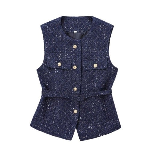 Dámská elegantní jednobarevná vesta s páskem a kapsičkami na prsou Výstřih do O Zapínání na knoflíky Stylová polyesterová vesta Různé