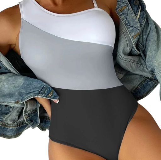 Damska enstyckade baddräkter med ränder Asymmetrisk axelrem Polyester Spandex Elastiska moderna badkläder för havet