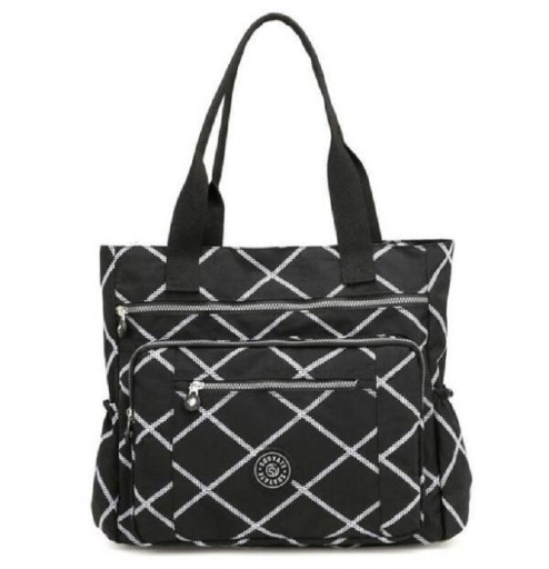 Dámska kabelka cez rameno s potlačou z nylonu a polyesteru 38 x 38 x 12 cm Veľká taška so dvoma uchami Dve predné vrecká na zips a bočné vrecká