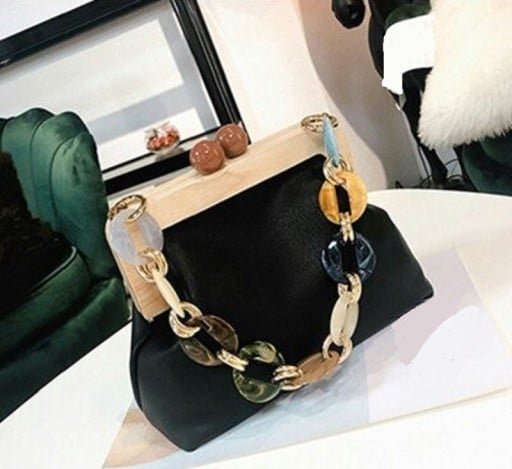 Dámská kabelka do ruky s rámovým zapínáním Ozdobné ucho z barevných článků Měkká umělá kůže a polyester 25 x 18,5 x 11 cm