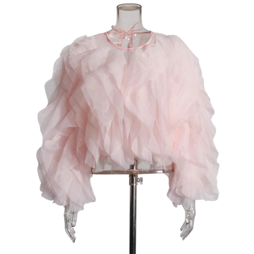 Dámská košile dlouhý rukáv Elegantní halenka s volánky Zavazování za krkem na mašličku Bavlna Polyester Stylový módní top pro každodenní
