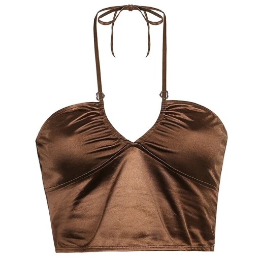 Damska kOszulka Crop Top brązowe Dekolt w kształcie V Cienkie ramiączka wokół szyi Stylowy letni Koszulka poliester spandex