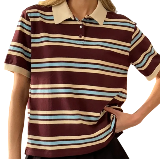 Damska koszulka polo w paski z kołnierzykiem Elegancka bawełniana koszulka polo z zapięciem na szyi Luźna koszulka w stylu retro
