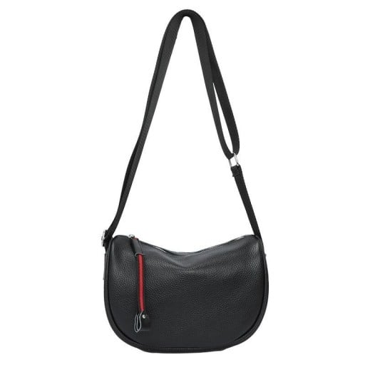 Dámská kožená crossbody kabelka ve tvaru půlměsíce Široký nastavitelný popruh Zapínání na zip Červený proužek Černá 24 x 18 x 9 cm