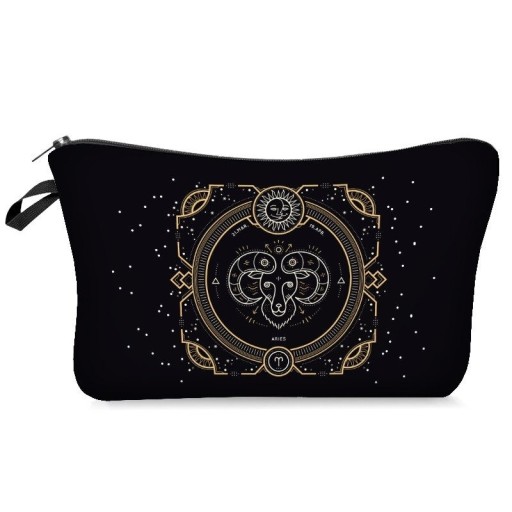 Dámska kozmetická taška so znamením zverokruhu Čierna so zlatavým ornamentálnym potlačou Na zips s pútkom Polyester 13,5 x 22 cm
