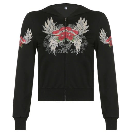 Dámská krátká černá mikina na zip s kapucí Motiv křídel a růží na hrudi a rukávech Žebrovaný lem a manžety Polyester s bavlnou