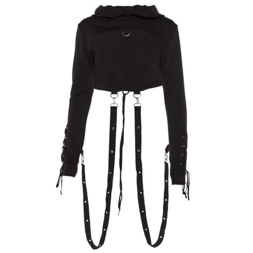 Dámská krátká gotická mikina s kapucí Šněrování na rukávech Visící popruhy s kovovými očky a karabinami Dlouhý rukáv Černá Polyester