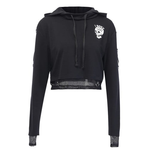 Dámská krátká mikina s kapucí Černá Bílý potisk lebky s nápisem Síťovaný lem a manžety Kovové kroužky na rukávech Polyester a spandex
