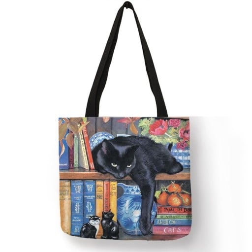 Dámská lněná taška s malovaným potiskem koček mezi knihami a starožitnostmi Čtvercová taška 40 x 40 cm s černými uchy pro každý den