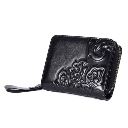 Dámská malá peněženka z pravé kůže Zapínání na zip kolem dokola Reliéfní květinový vzor Lesklý povrch Poutko na zápěstí 11,5 x 9 x 3 cm