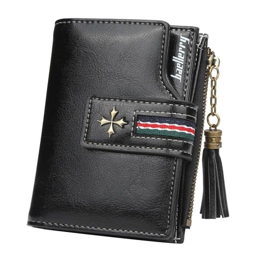 Dámská malá peněženka z PU kůže se zapínáním na přední poutko Boční zip se střapcem Kovová ozdoba a pruhovaný proužek 12,5 x 10 x 3 cm