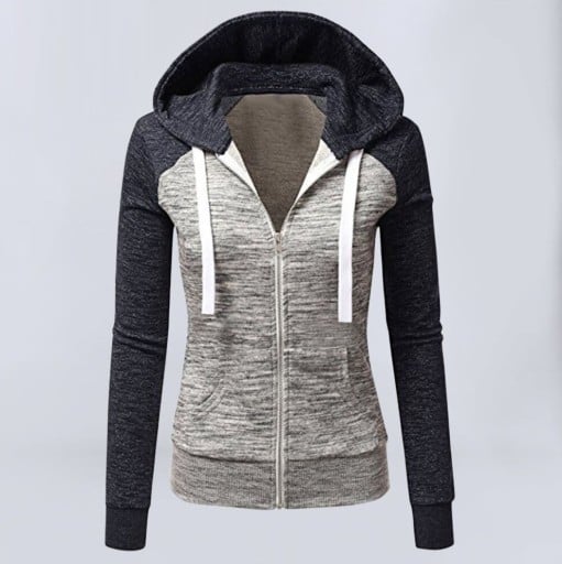 Dámska mikina na zips s kapucňou Raglánové rukávy v kontrastnej farbe Šedý melírovaný stred Predné vrecká Žebrované lemy Polyester