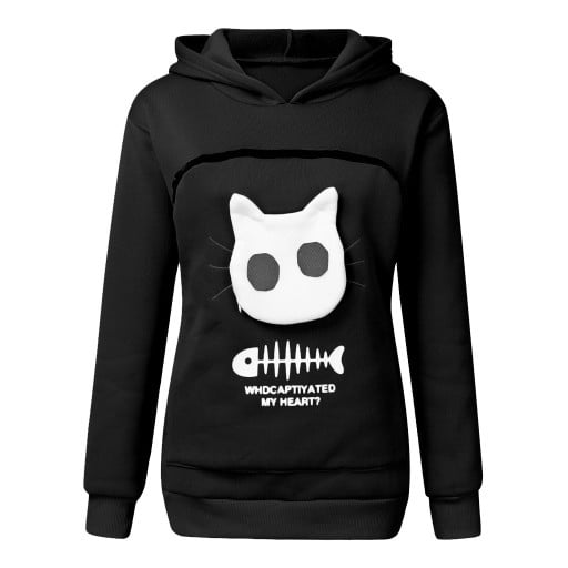Dámská mikina s kapsou pro kočku Velká přední kapsa na zip pro mazlíčka Kapuce Potisk kočky s rybí kostí Dlouhý rukáv Polyester