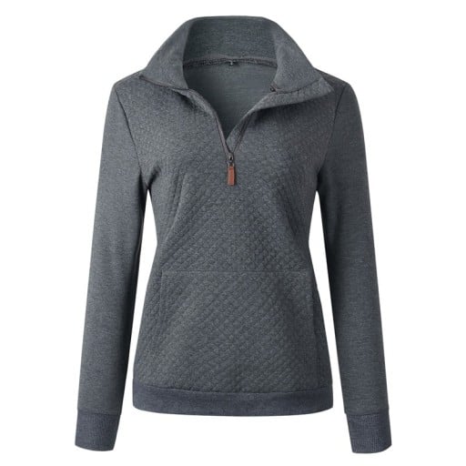 Dámská mikina s prošívaným kosočtverečným vzorem Zip ke hrudi Stojatý límec Klokaní kapsa Dlouhý rukáv Žebrovaný lem Polyester a bavlna