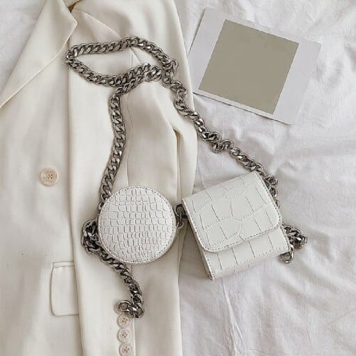 Dámska mini crossbody kabelka s okrúhlym puzdrom Masívny kovový reťaz cez rameno Krokodílí vzor PU koža a polyester 11 x 12 x 7 cm