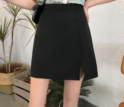 Dámska mini sukňa s vysokým pásom a rozparkom vpredu Jednoduchý áčkový strih Hladká matná látka bez potlače Bavlna a polyester