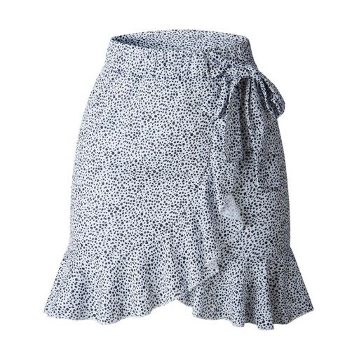 Dámska mini sukňa so zavinovacím predným dielom a vázaním na boku Asymetrický volánový lem Celoplošný potlač Ľahký polyester