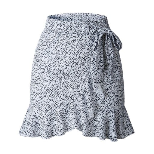 Dámská mini sukně se zavinovacím předním dílem a vázáním na boku Asymetrický volánový lem Celoplošný potisk Lehký polyester