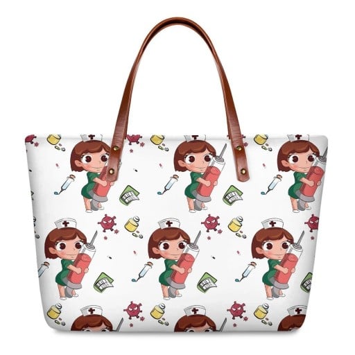 Dámská neoprenová kabelka s potiskem zdravotní sestřičky 39 x 29 x 11,5 cm Prostorná taška s hnědými uchy Dárek pro zdravotní sestry