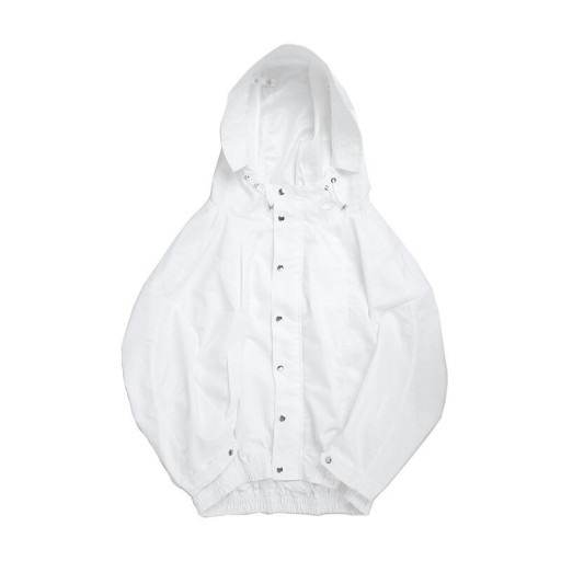 Dámská oversize bunda s kapucí v bílé barvě Zapínání na patentky Balonový střih s pružným lemem a manžetami Polyester s bavlnou