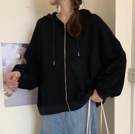 Dámská oversize mikina na zip s kapucí Volný střih Spuštěná ramena Dlouhý rukáv Klokaní kapsy Šňůrky v kapuci Polyester s bavlnou