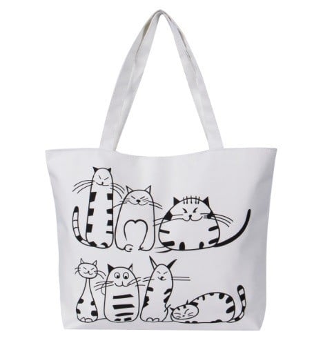 Dámská plátěná kabelka přes rameno s potiskem koček Velká taška na zip 44 x 9 x 31 cm Dvě dlouhá ucha Prostorná taška na každý den