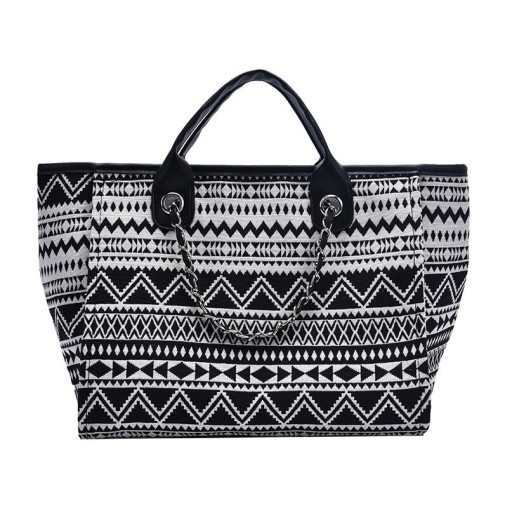 Dámska plátená kabelka s geometrickým vzorom 31 x 24 x 16 cm Krátke uši do ruky Reťazkové popruhy cez rameno Plátno a polyester