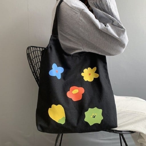 Dámská plátěná taška přes rameno s potiskem barevných květin Nákupní taška s dlouhými uchy Plátno a polyester Rozměr 36 x 37 cm
