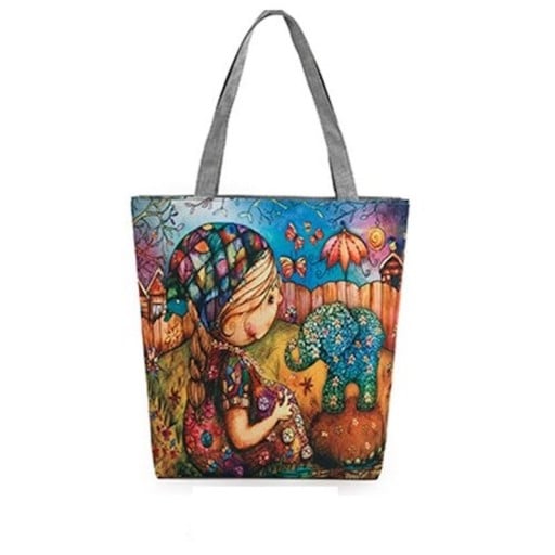 Dámská plátěná taška s barevným potiskem slona Taška z plátna a polyesteru se šedými uchy o délce 27 cm Rozměry 38 x 27 x 11 cm
