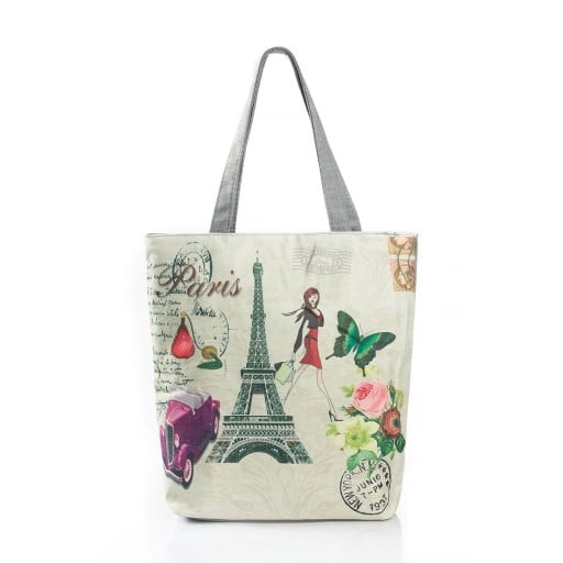 Dámská plátěná taška s motivy světových památek a květin Nákupní taška se šedými uchy Plátno a polyester 27 x 38 x 11 cm Ucha 27 cm
