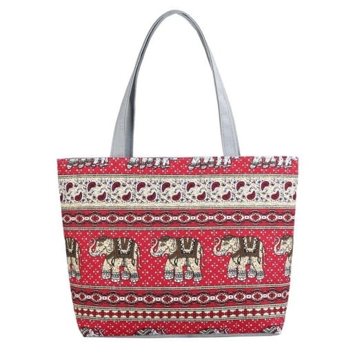 Dámská plátěná taška s ornamentálním vzorem slonů Taška z plátna a polyesteru se šedými uchy v etno stylu Rozměry 42 x 30 x 10 cm