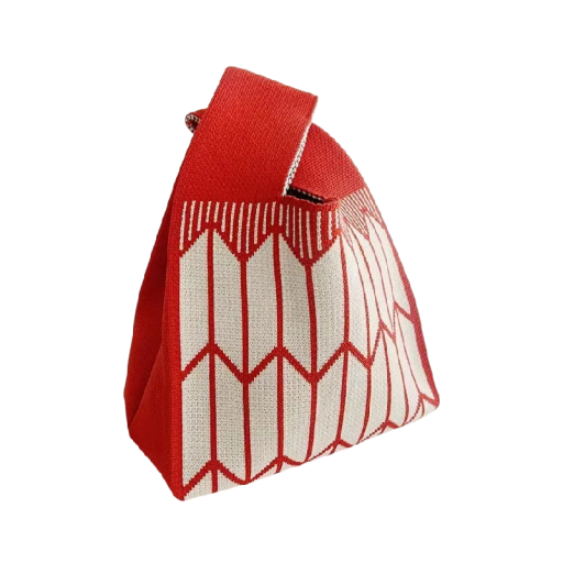 Dámska pletená kabelka s geometrickým vzorom 20x35 cm polyester s bavlnenou podšívkou červeno biela pre každodenné nosenie