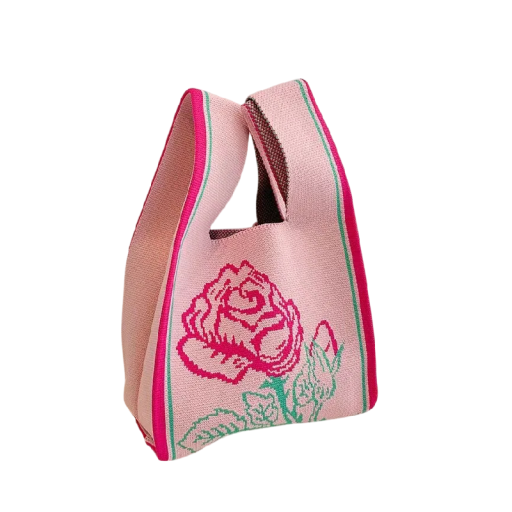 Dámská pletená kabelka s květinovým vzorem 20x35 cm polyester s bavlněnou podšívkou růžová pro každodenní nošení