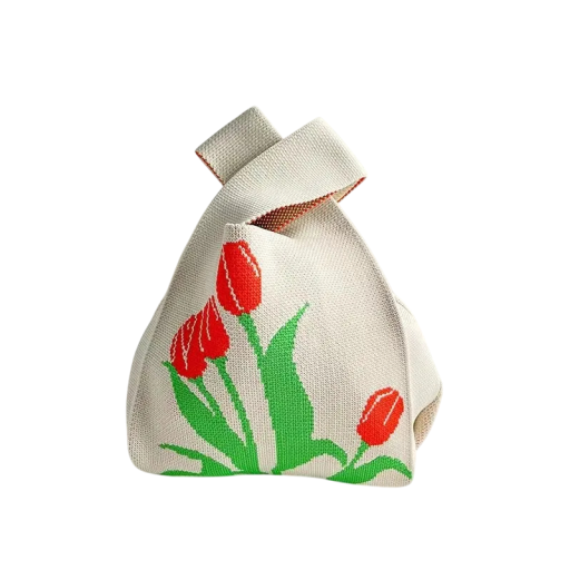 Dámska pletená kabelka s kvetinovým vzorom tulipánov 20x35 cm polyester s bavlnenou podšívkou béžová taška na každodenné nosenie