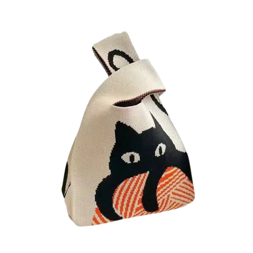 Dámska pletená kabelka s motívom mačky 20x35 cm polyester bavlnená podšívka béžová kabelka do ruky pre každodenné nosenie
