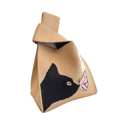 Dámska pletená kabelka so vzorom mačky 20x35 cm polyester bavlnená podšívka béžová kabelka do ruky na každodenné nosenie