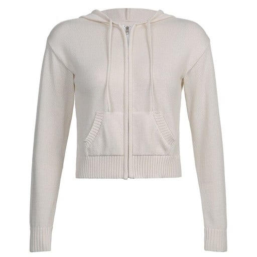 Dámská pletená mikina na zip s kapucí Kratší střih Dlouhý rukáv Přední kapsy Šňůrky v kapuci Žebrované lemy Polyester se spandexem