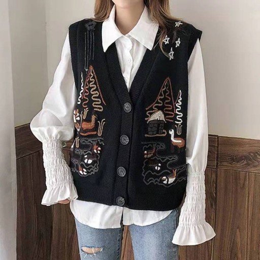 Dámska pletená vesta bez rukávov na gombíky Výstrih do V Vyšívka so stromami a zvieratkami Žebrované lemy Polyester s akrylom Cez košeľu