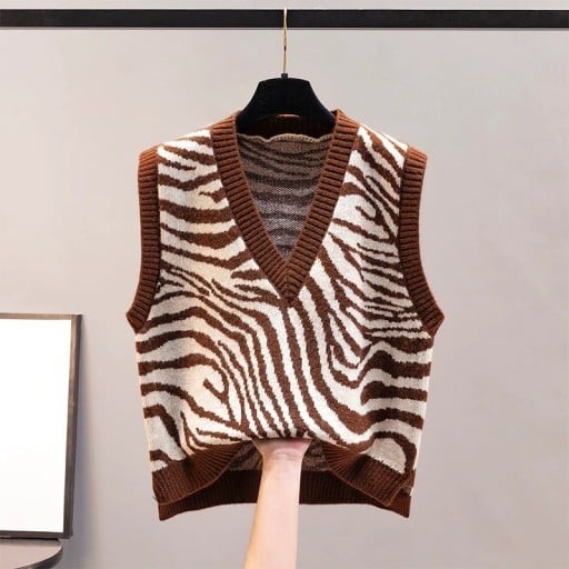 Dámská pletená vesta bez rukávů se zebřím vzorem Výstřih do V Žebrované lemy Polyester Na košili i tričko s dlouhým rukávem
