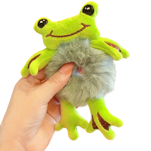 Dámská plyšová gumička do vlasů 15×8 cm Roztomilý kreslený motiv zelené žáby Elastická vlasová ozdoba Polyester Stylové doplňky pro dívky a ženy